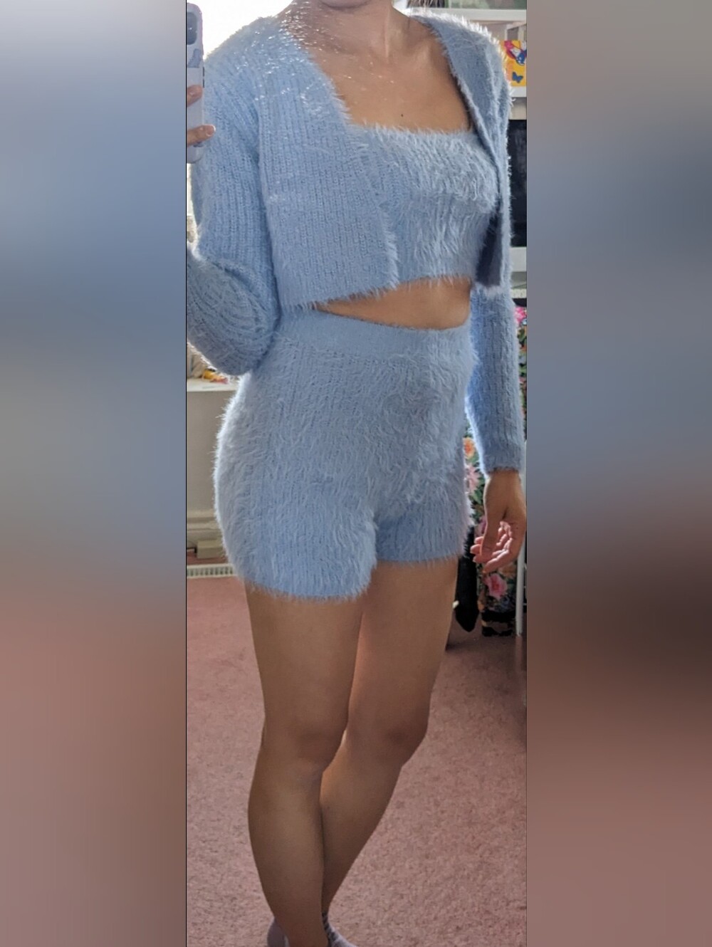 Zara Pastel Blue Fuzzy Eyelash Knit 3- Piece Set Cardigan Cami Shorts Small